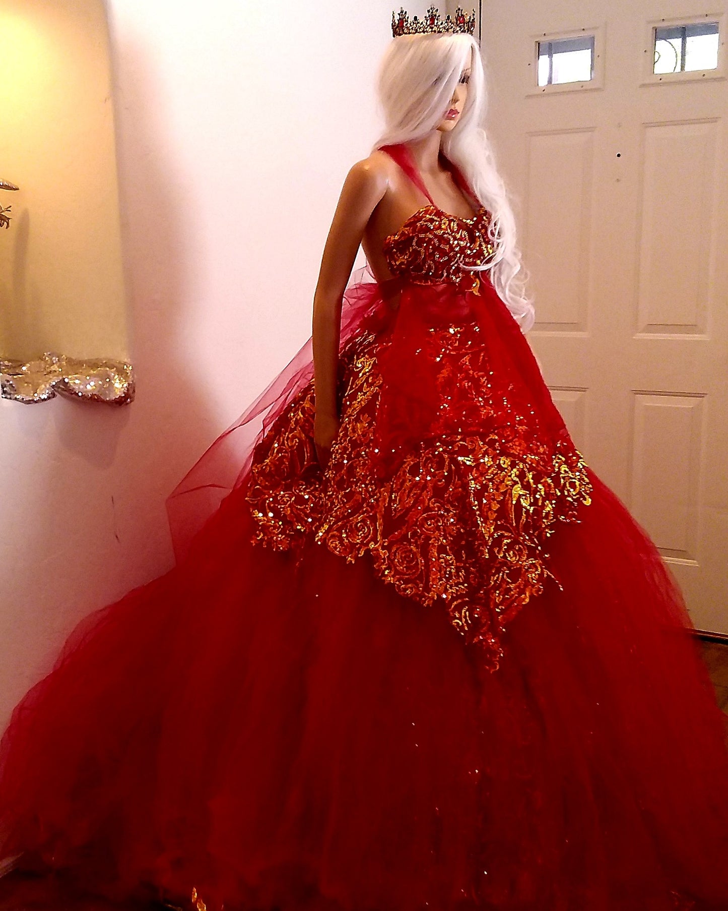 The ❤️‍🔥SHYLOH❤️‍🔥 Red & Gold Embroidered Sequined Crystal Lace & Tulle Wedding Ballgown Set