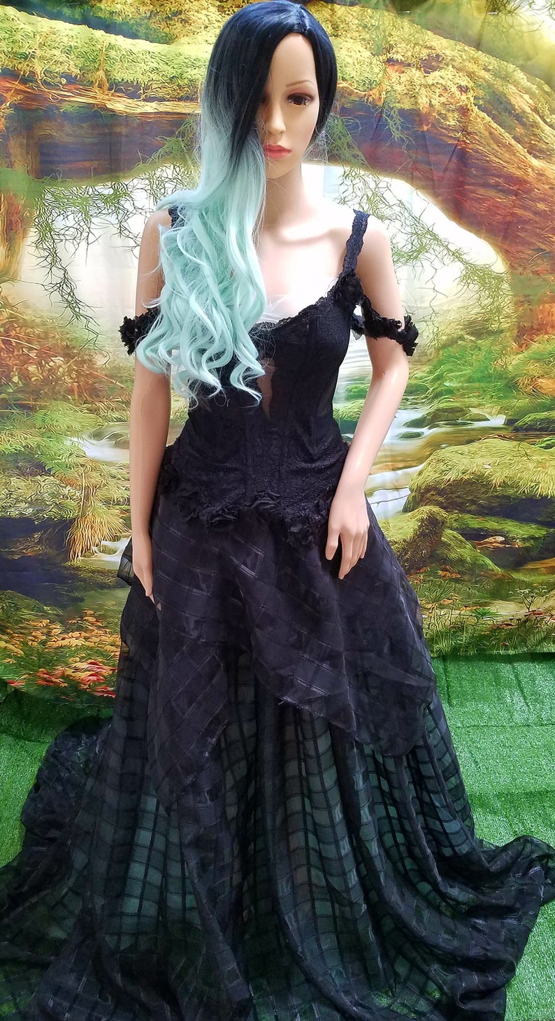 "GWENDOLYN" Custom Order Gothic Romance Black & Green Lace & Tulle Wedding Ballgown Set