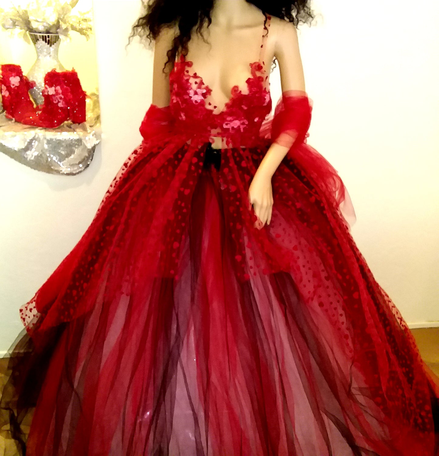 "MOZELLA" Custom Order Gothic Romance Red Hearts & Black Lace & Tulle Wedding Ballgown Set