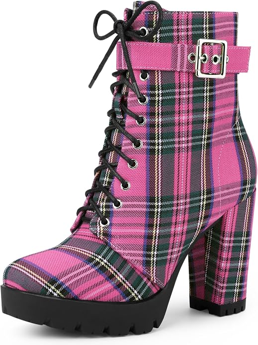 Collegecore Pink Tartan Plaid Round Toe Platform Combat Ankle Boots