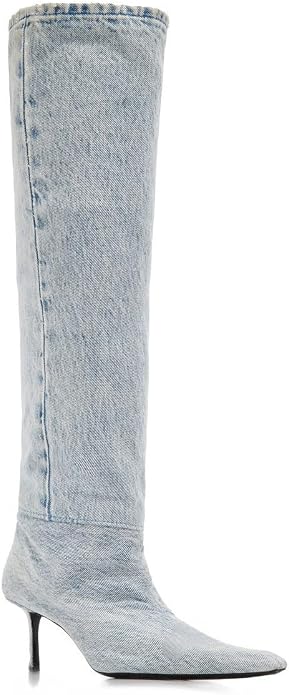 Chic Light Wash Blue Denim Kitten Heel Knee Boots