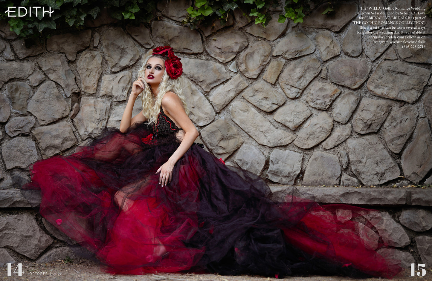"WILLA" Custom Order Gothic Romance Red & Black Lace Tulle & Rosette Wedding Ballgown Set