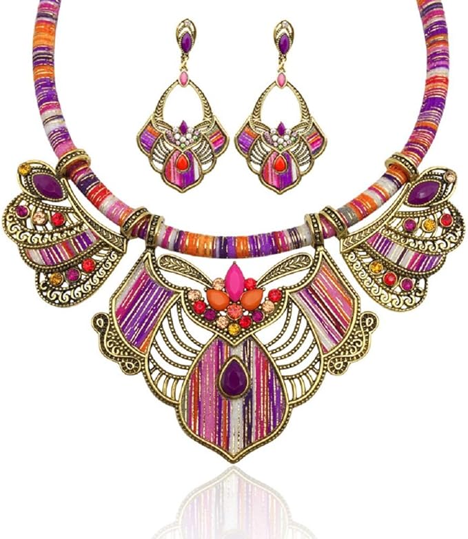 Exotic Pink & Gold Multicolor Tribal Collar Necklace