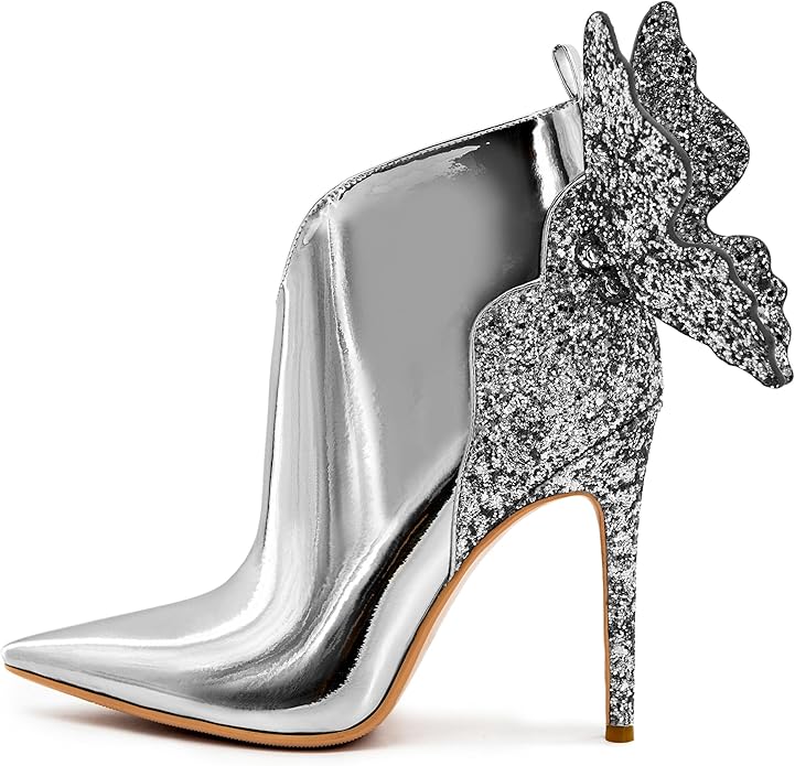 Silver Butterfly Sparkly Stiletto Ankle Boots