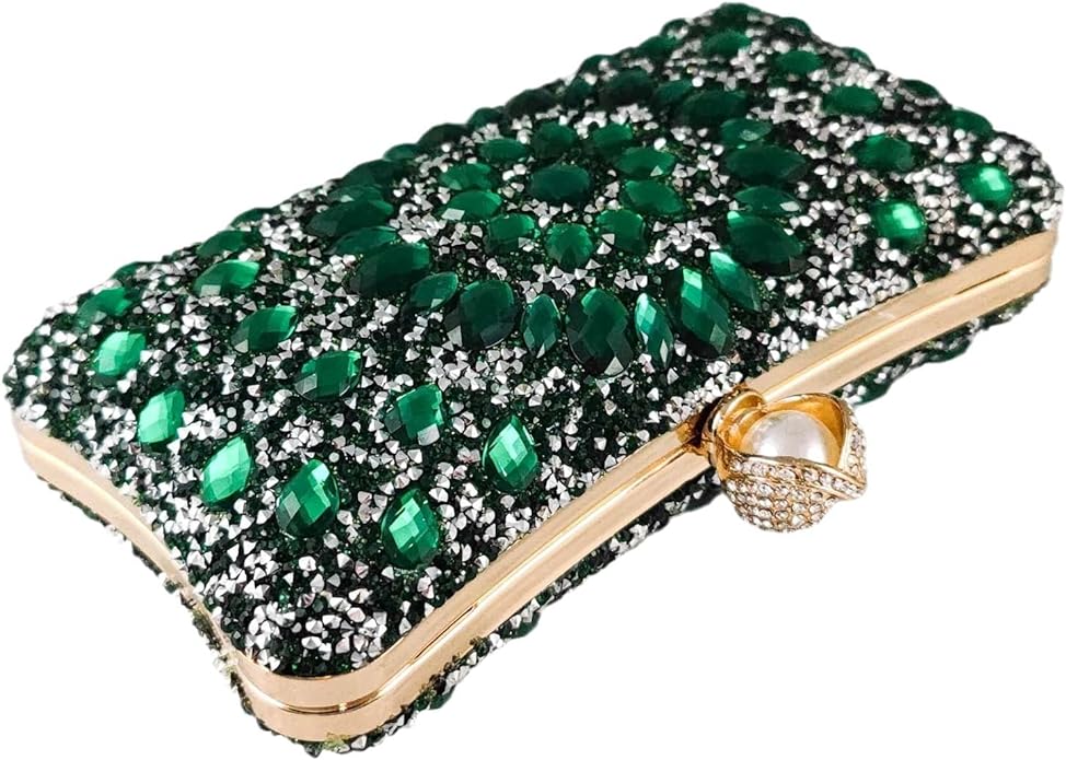 Elegant Green & Gold Rhinestone Crystal Evening Purse