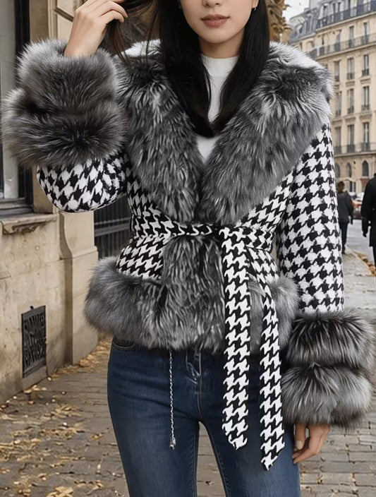 Luxe Black & White Houndstooth Print Faux Fur Trim Sweater Jacket