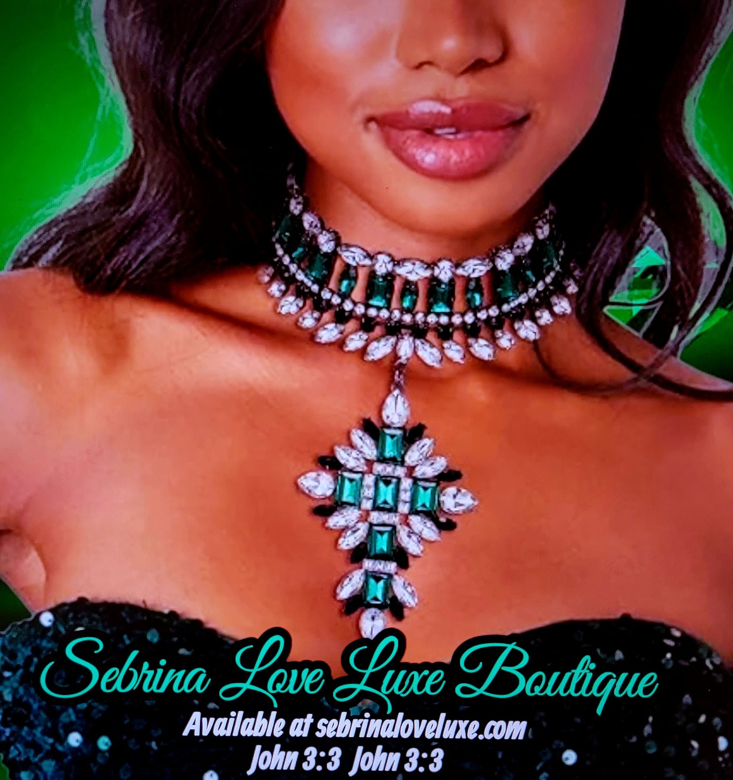 Elegant Green & White Crystal Diamante Rhinestone Bejeweled Cross Collar Necklace