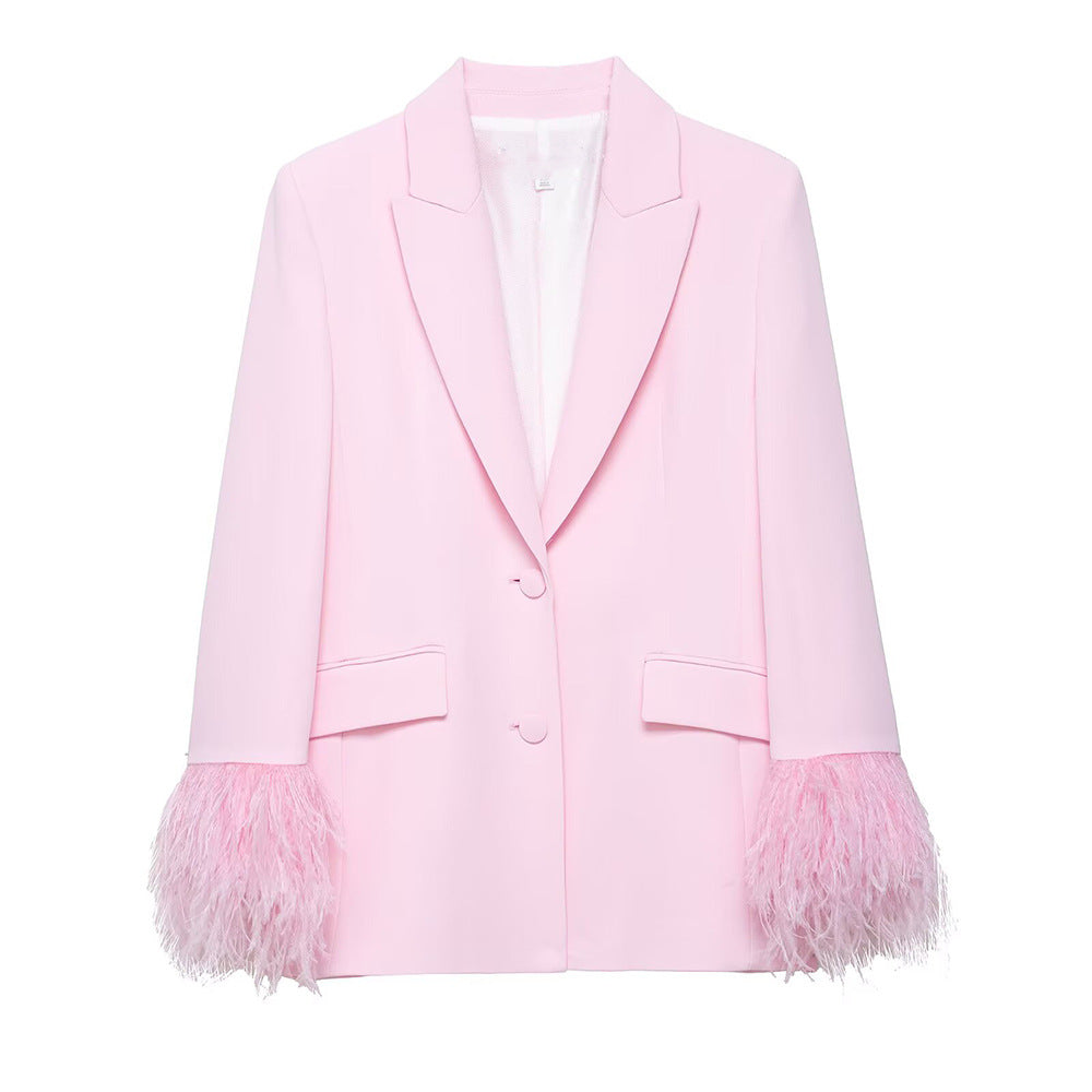 Beautiful Baby Pink Feather Cuff Blazer Jacket & Pants Suit Set