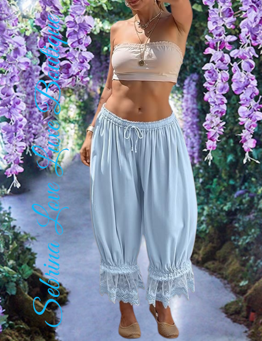Romantic Victorian Inspired Light Blue Boho Wide Leg Pantaloon Bloomer Harem Pants