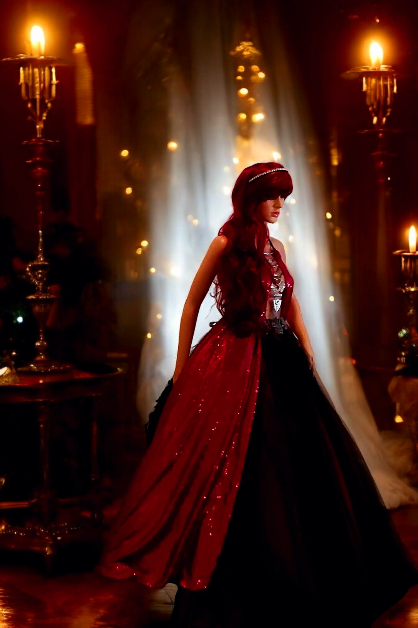 "TARAJI" Custom Order Gothic Romance Fuchsia Sequin & Black Tulle Wedding Ballgown Set