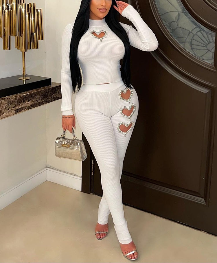 Sexy White Knit 2 Piece Rhinestone Cutout Set