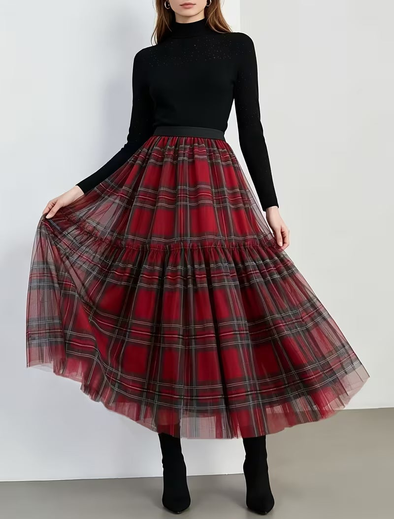 Gothic Flowy Red Plaid Tulle Tiered Midi/Maxi Skirt