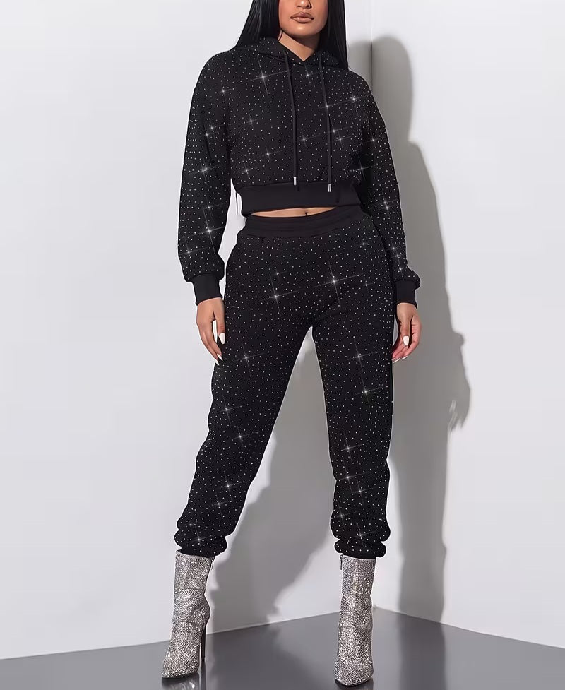 Cozy Black Rhinestone Cropped Sweatshirt & Jogger Pant Set