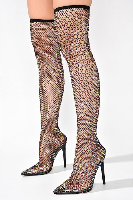 Sexy Black Multicolor Rhinestone Crystal Mesh Thigh Boots