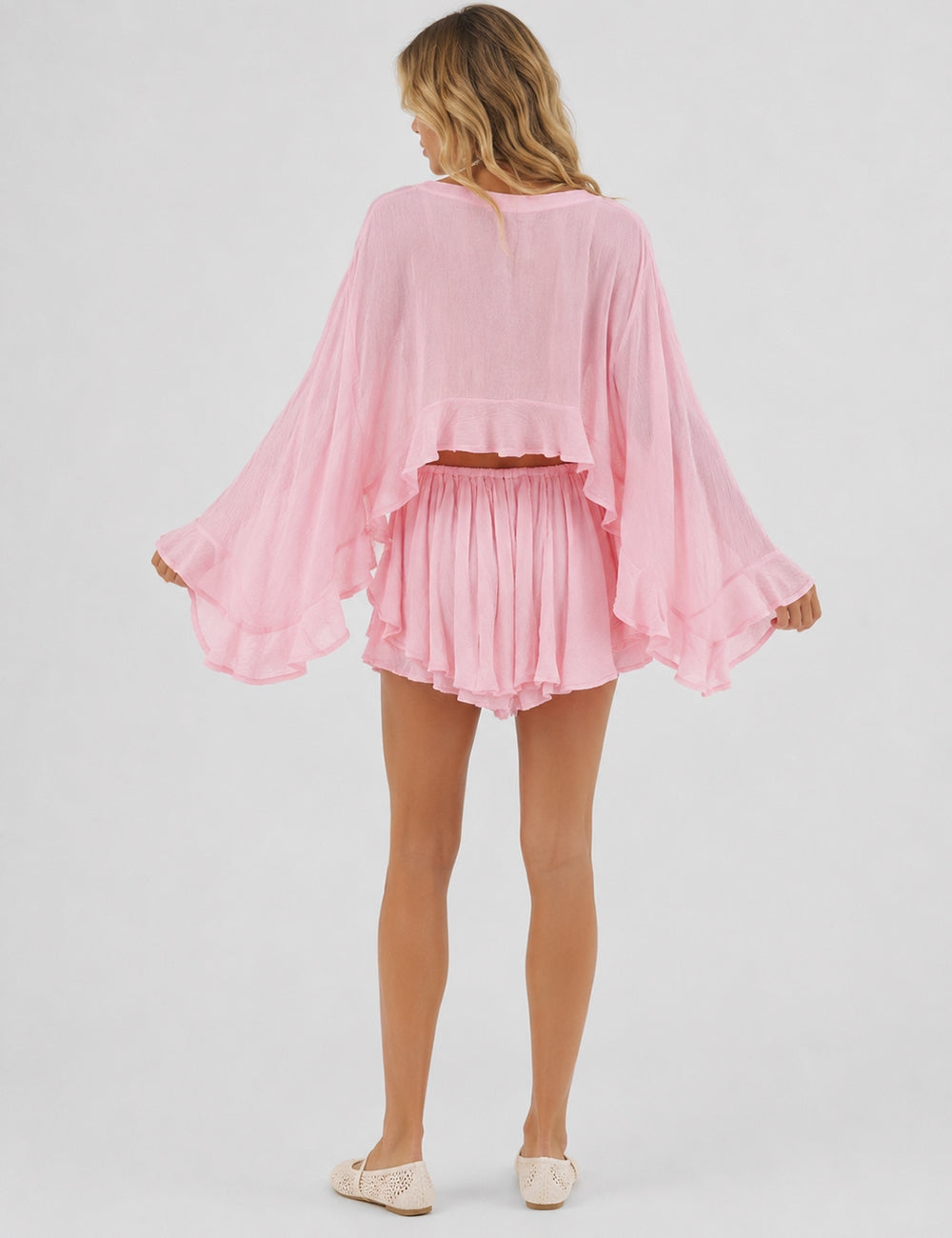 Flirty Baby Pink Flowy Crop Top & Layered Floaty Shorts Set