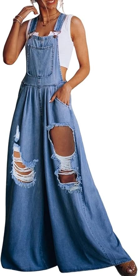 Boho Medium Blue Distressed Denim Wide Leg Overalls Jumpsuit