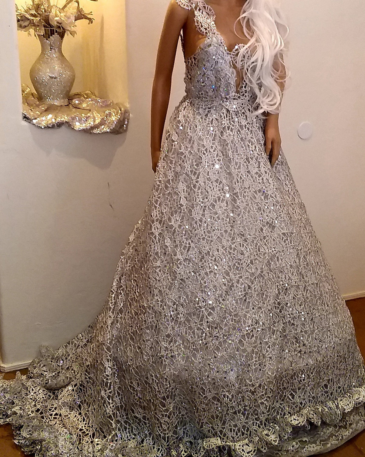 "HEIRESS" Silver Lace & Tulle Wedding Ballgown Set
