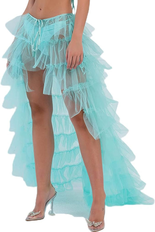 Romantic Ocean Blue Hi Low Ruffled Tulle Maxi Skirt Coverup Dress