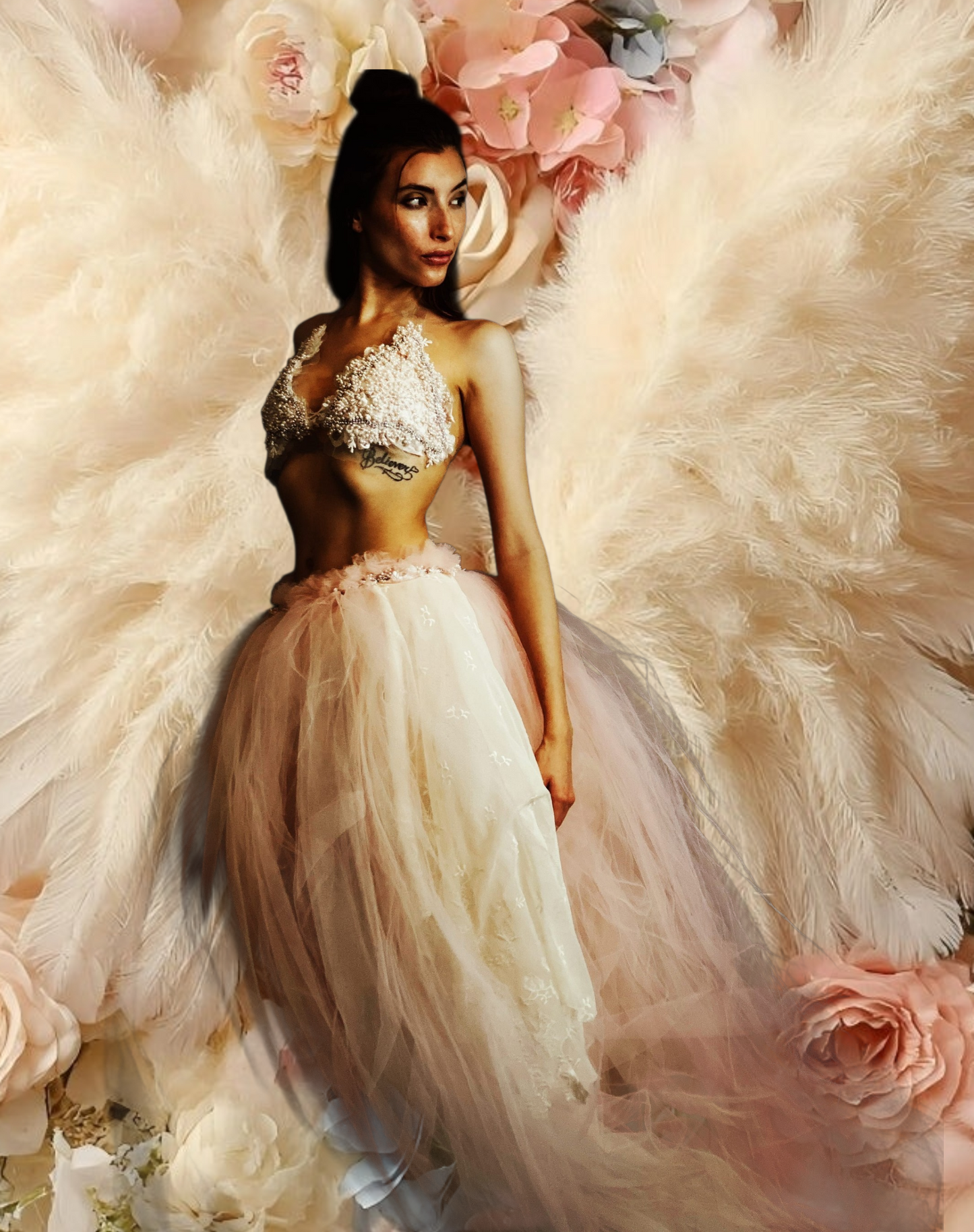 The "ALY RAE" Pink & Ivory Lace Pearl Crystal Beaded Tulle Bikini Beach Wedding Ballgown Set