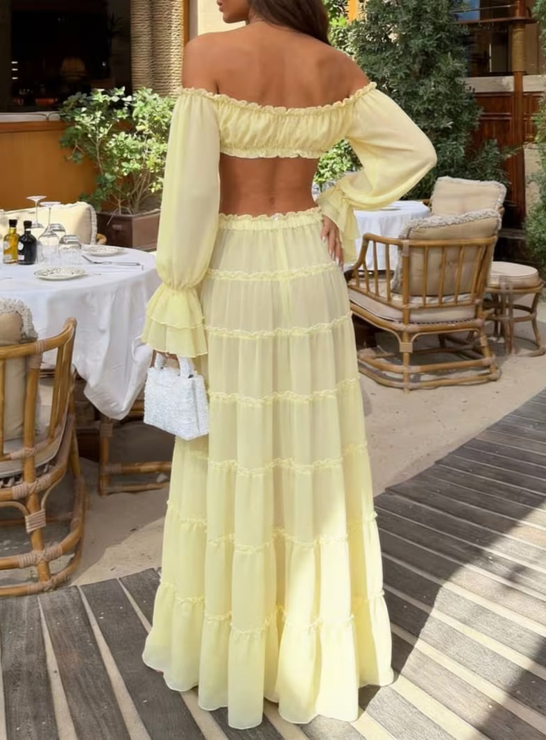 Romantic Yellow Chiffon Crop Top & Maxi Skirt Dress Set