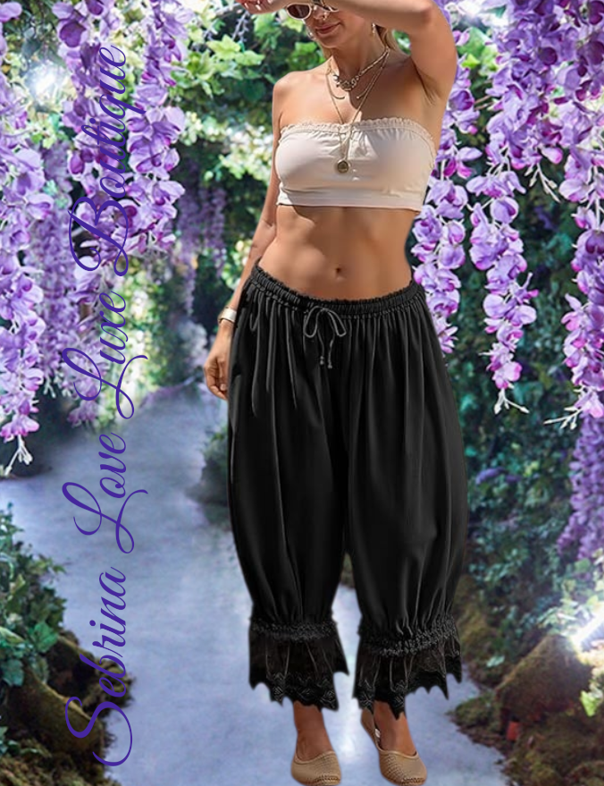 Romantic Victorian Inspired Black Boho Wide Leg Pantaloon Bloomer Harem Pants