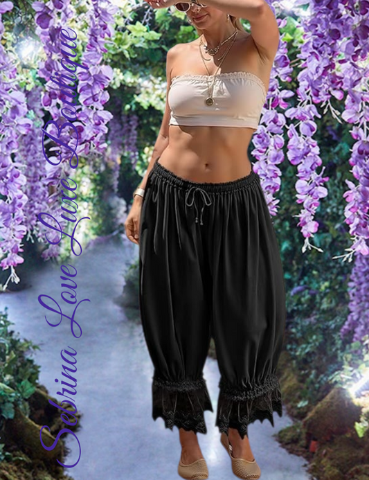 Romantic Victorian Inspired Black Boho Wide Leg Pantaloon Bloomer Harem Pants