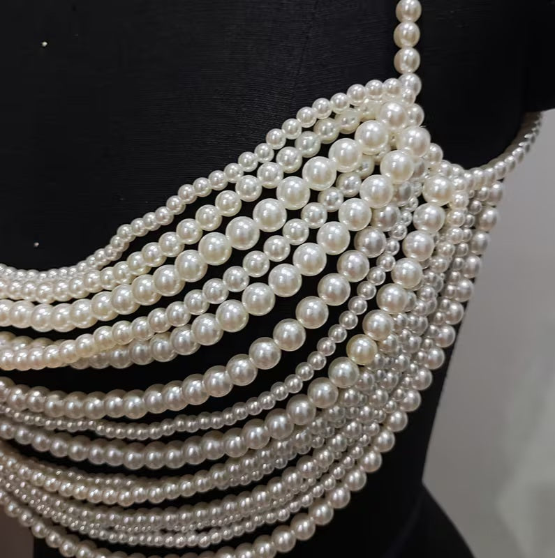 Luxe Draped Faux Pearl Multi Strand Bejeweled Backless Bralette Top Body Jewelry