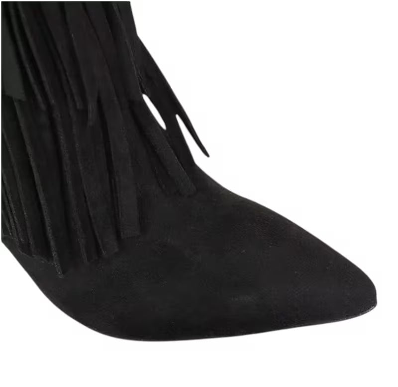 Boho Festival Black Fringe Heeled Boots