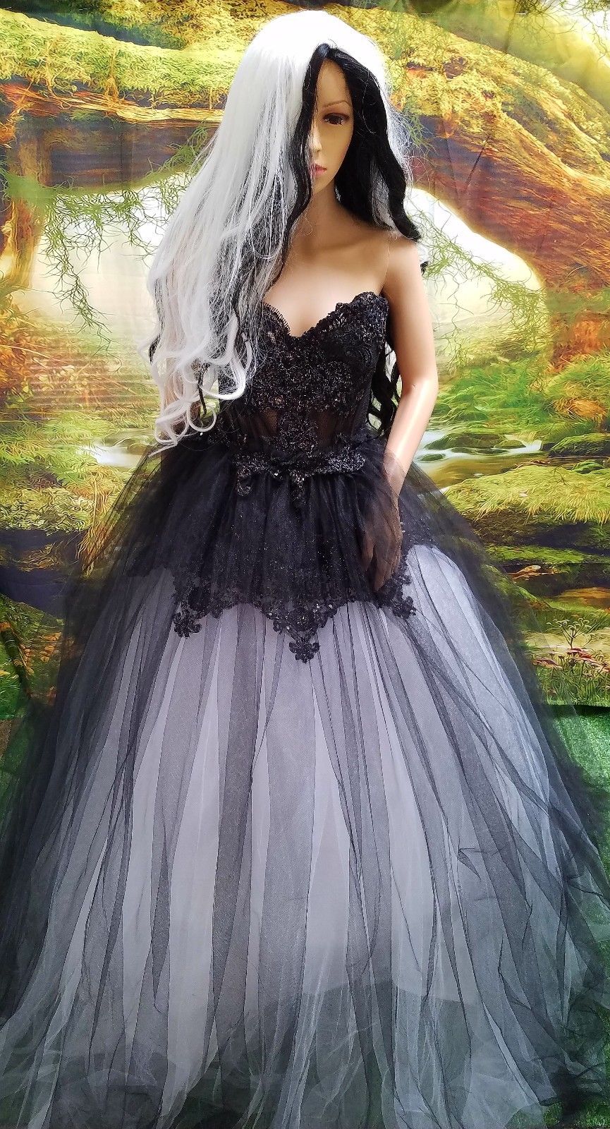 "WILLOW" Custom Order Gothic Romance Black & White Lace & Tulle Wedding Ballgown Set