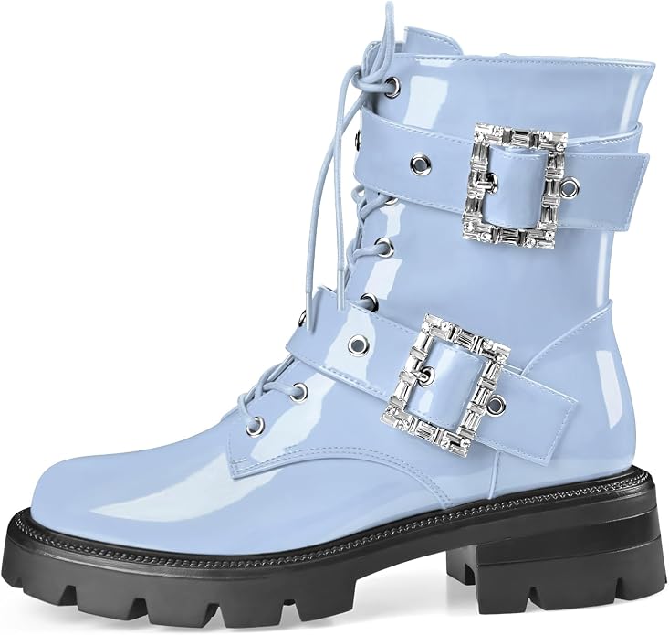 Cool Cornflower Blue Buckle Detail Round Toe Combat Ankle Boots (PRE-ORDER)