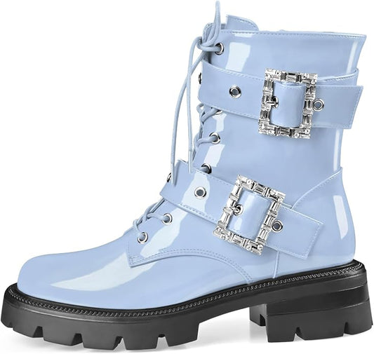 Cool Cornflower Blue Buckle Detail Round Toe Combat Ankle Boots (PRE-ORDER)