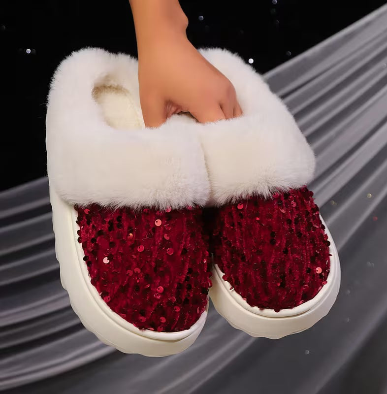 Stylish Red Sequin Velvet White Faux Fur Trim Winter Slippers