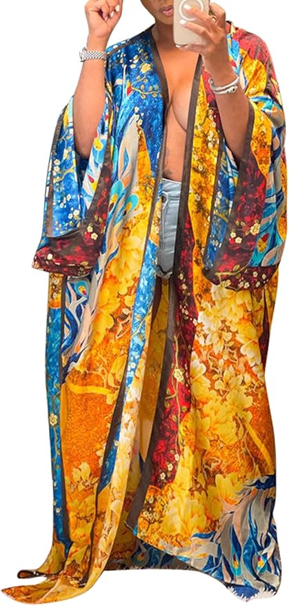 Exotic Orange,Gold & Blue Multicolor Kimono Robe Duster Maxi Coat
