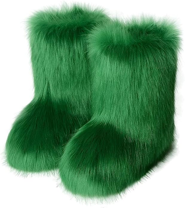 Plush Green Faux Fur Outdoor Winter Boots