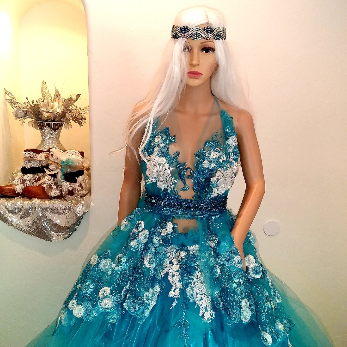 "TAMALA" Turquoise Blue & White Lace & Tulle Wedding Ballgown Set (Custom Order)