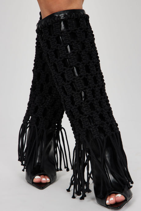 Rich Deep Black Boho Festival Macrame' Knee Boots