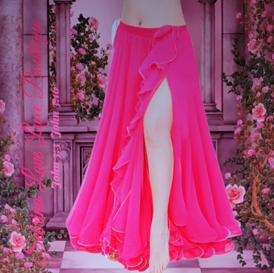 Exotic Hot Pink Chiffon Ruffled Boho Bellydance Maxi Skirt
