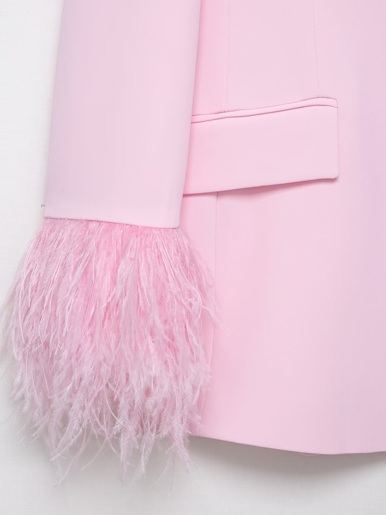Beautiful Baby Pink Feather Cuff Blazer Jacket & Pants Suit Set