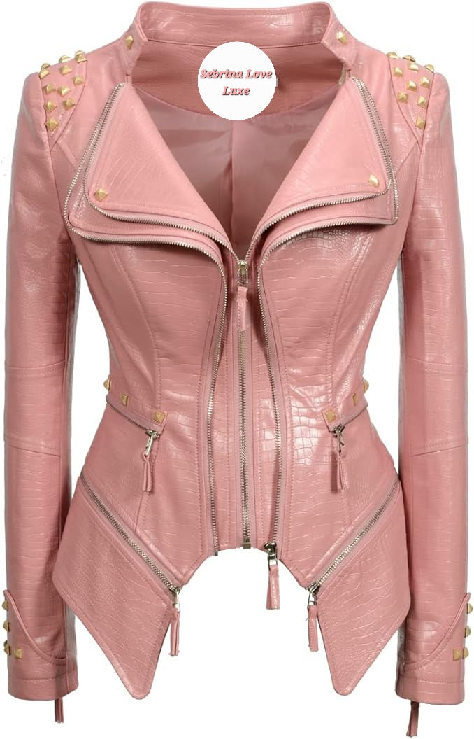 Edgy Pink Studded Faux Leather Rocker Biker Jacket