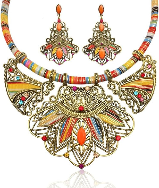 Exotic Orange & Gold Multicolor Tribal Collar Necklace