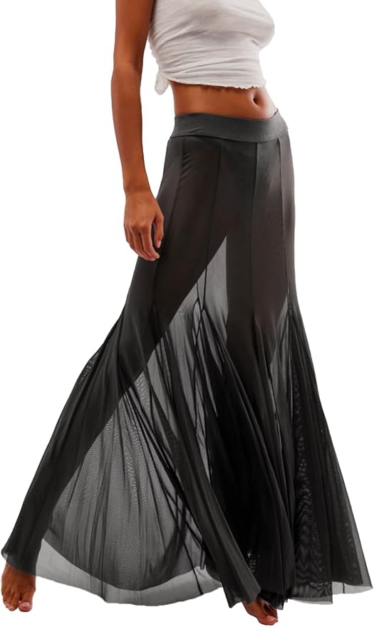 Chic Black Sheer Powermesh Maxi Skirt