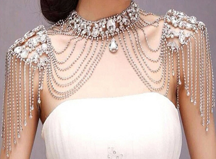 Elegant Crystal Diamante Rhinestone Bejeweled Choker Shoulder Draped fringe Necklace