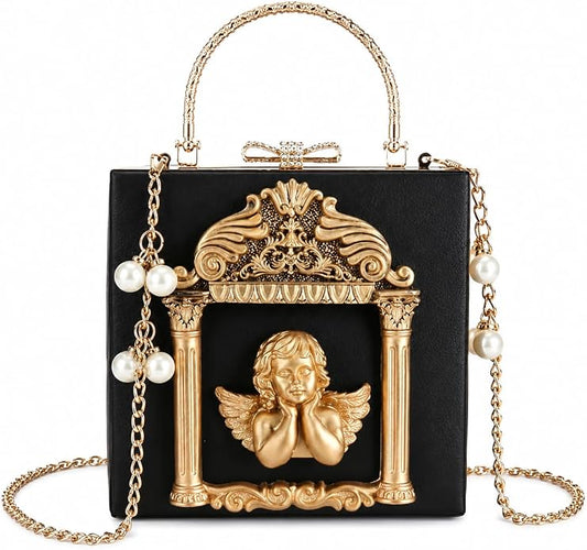 Ethereal Gothic Romance Black & Gold Angel Handbag Clutch Purse