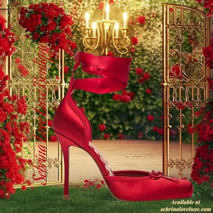 Romantic Red Satin Ribbon Ankle Tie Ballerina Heels