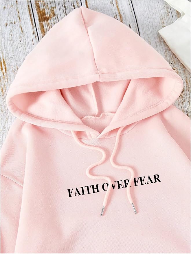 "FAITH OVER FEAR" Graphic Soft Pink & Black Scripture Hoodie Sweatshirt