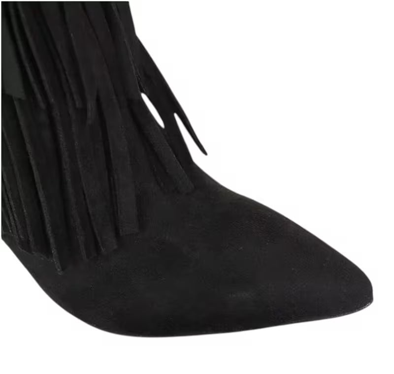 Boho Festival Black Fringe Heeled Boots