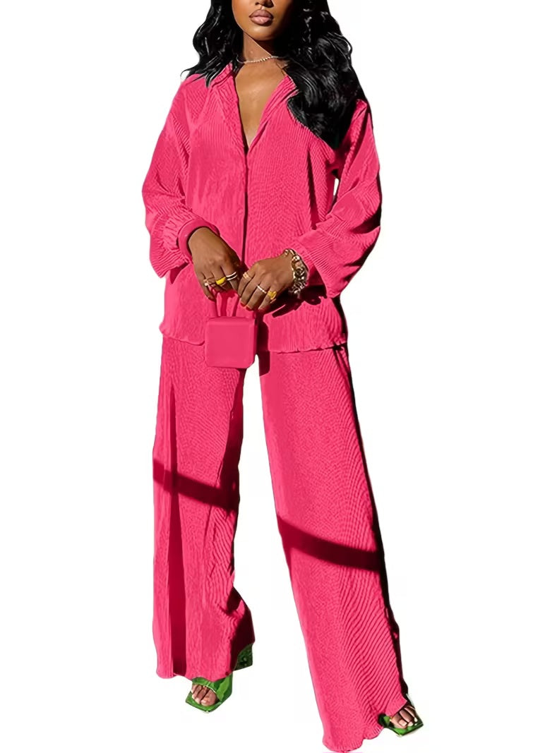 Chic Hot Pink Pleated Tunic Button Closure & Pants Set