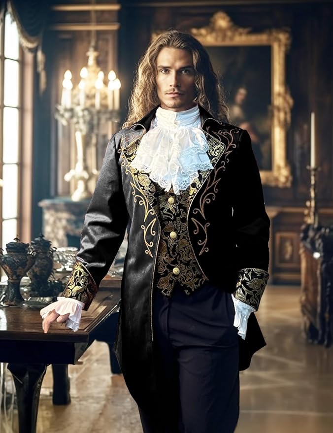 Men's Red & Gold Medieval Gothic Renaissance Victorian Inspired Steampunk Formal Tails Coat Costume