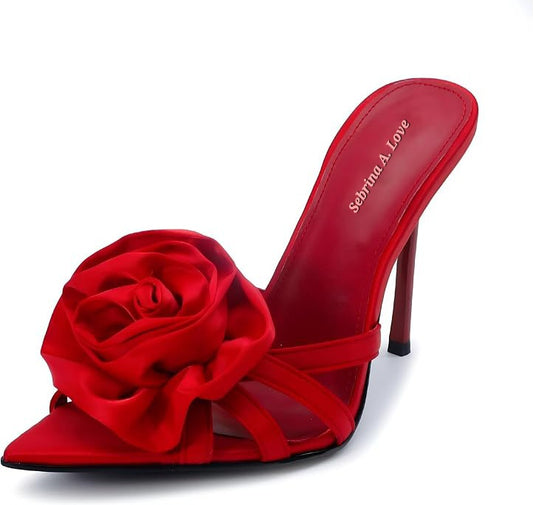 Flirty Romantic Red Satin Rose Embellished Mules