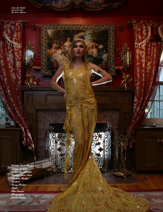 "DUCHESS RUTH" Custom Order Gold Lace Gatsby Inspired Hybrid Sheath Mermaid Wedding Gown Set